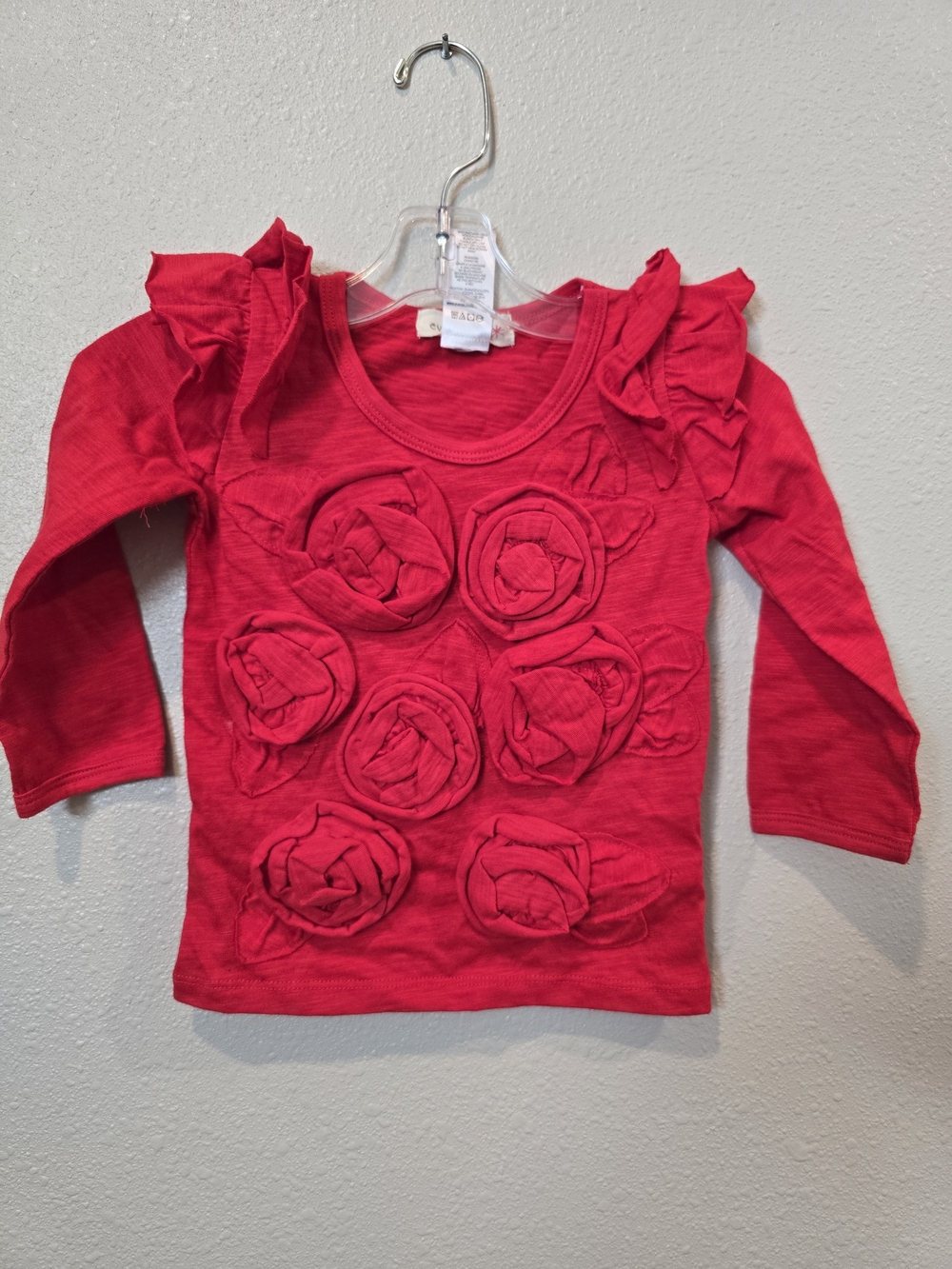 Girl's Ruffled Long-Sleeve Floral Rosette Top - Red